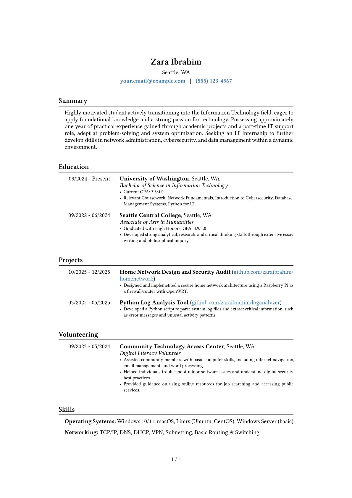 IT Internship resume example, Career changer, page 1