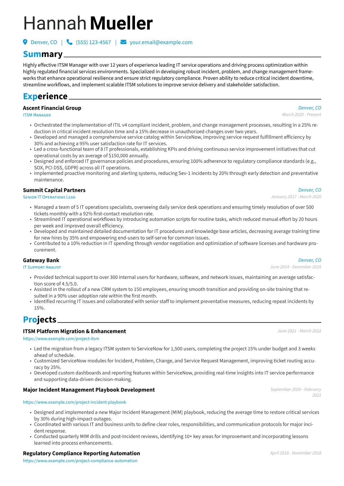 ITSM Manager resume example, ITSM & Frameworks, page 1