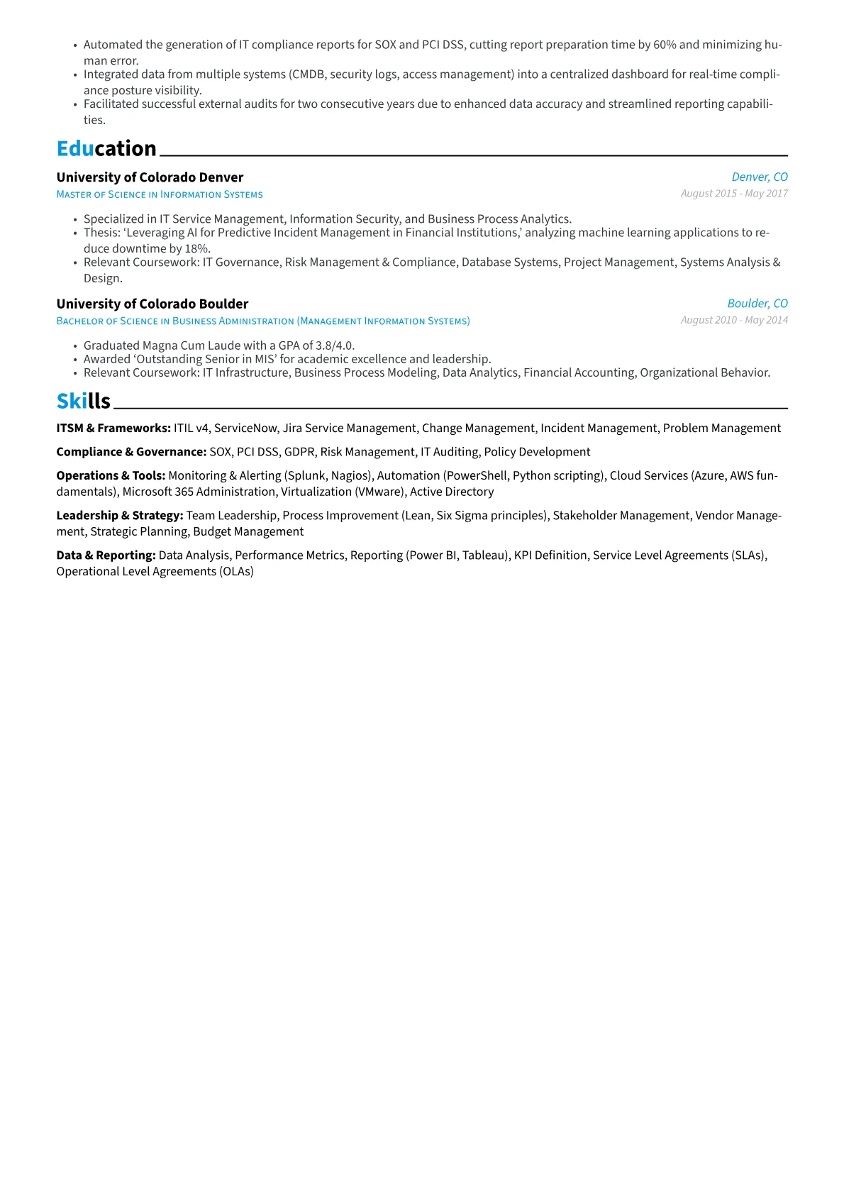 ITSM Manager resume example, ITSM & Frameworks, page 2