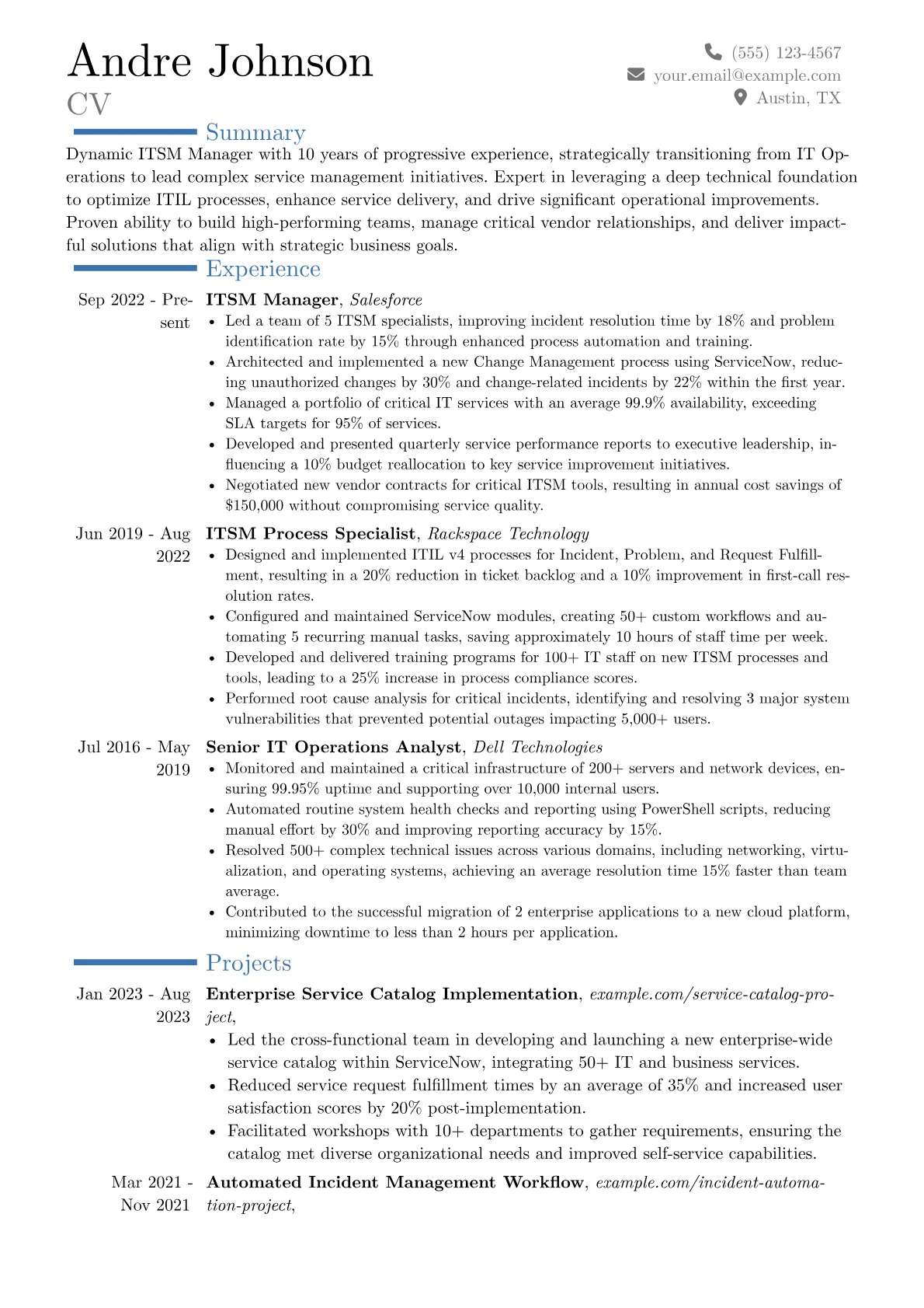 ITSM Manager resume example, Career changer, page 1