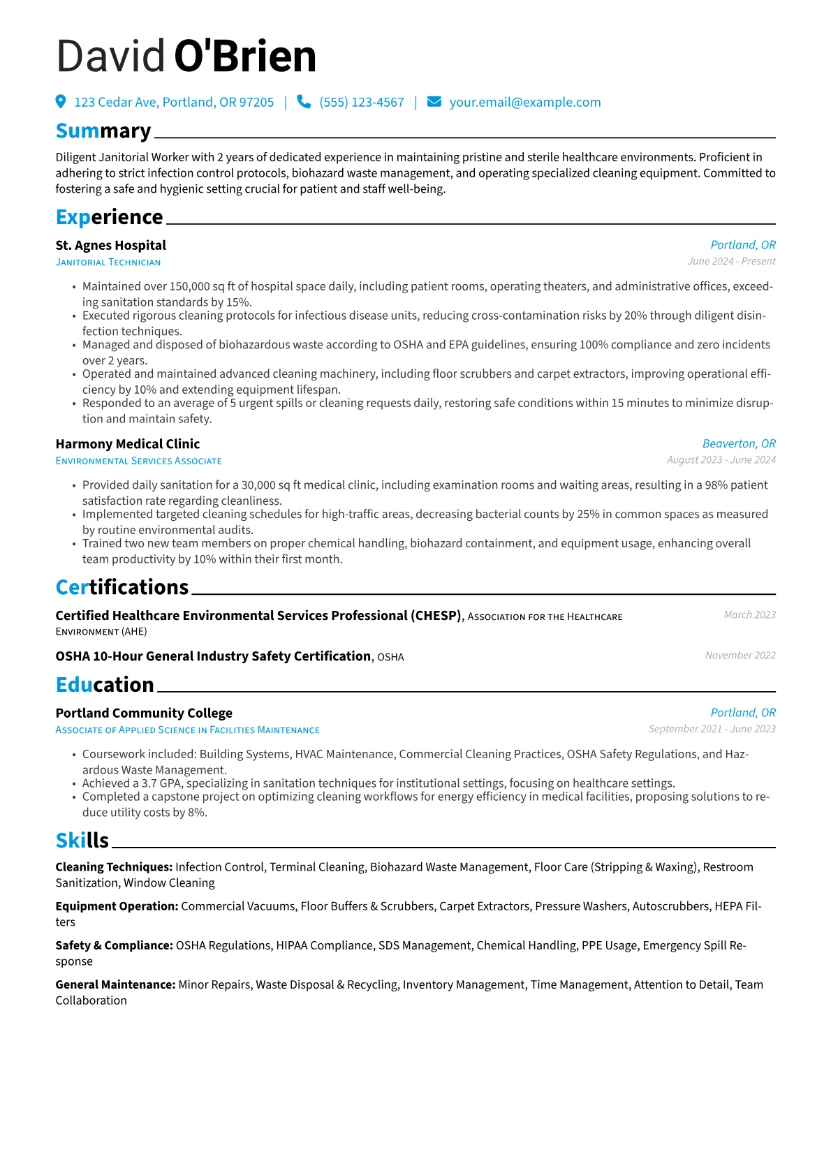 Janitorial Worker resume example, Healthcare Facility, page 1