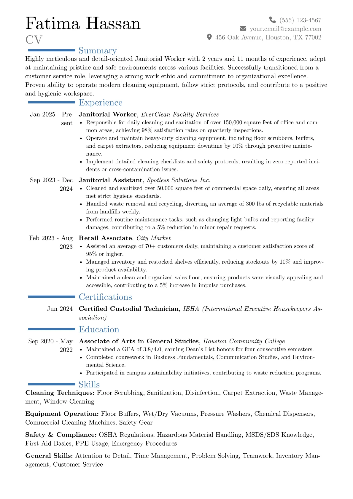 Janitorial Worker resume example, Career changer, page 1