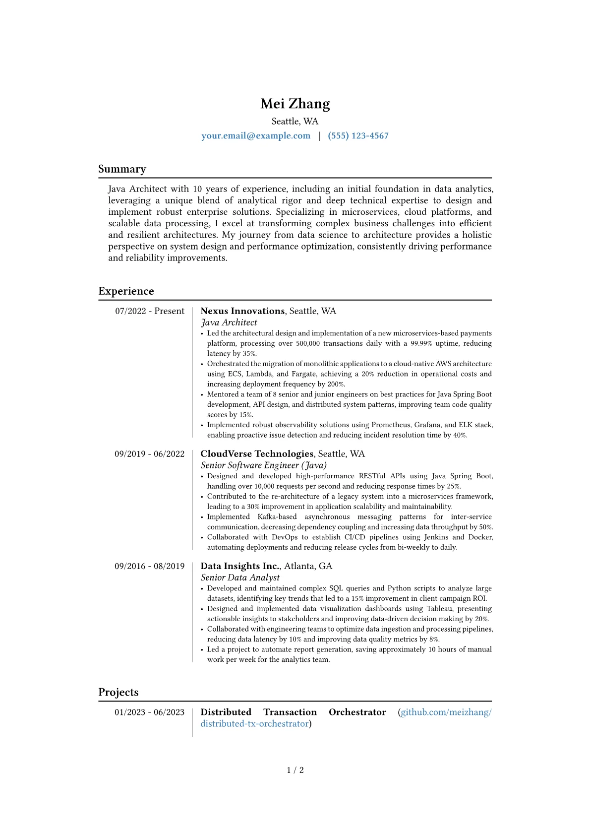 Java Architect resume example, Career changer, page 1
