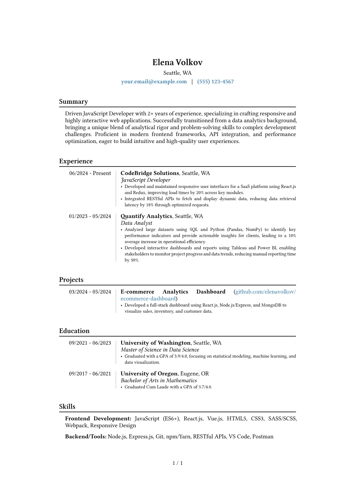 JavaScript Developer resume example, Career changer, page 1