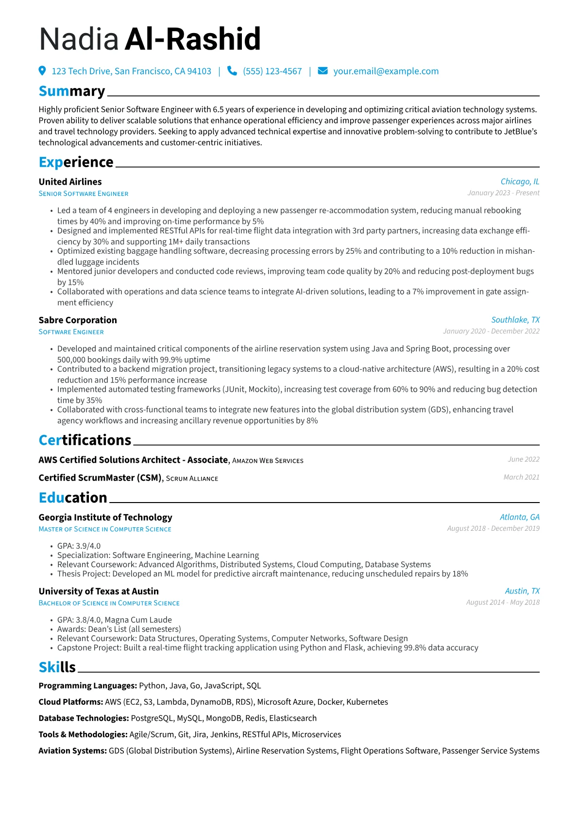 JetBlue resume example, Software Engineer, page 1