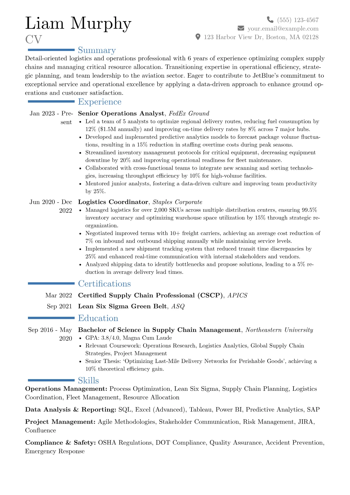 JetBlue resume example, Career changer, page 1