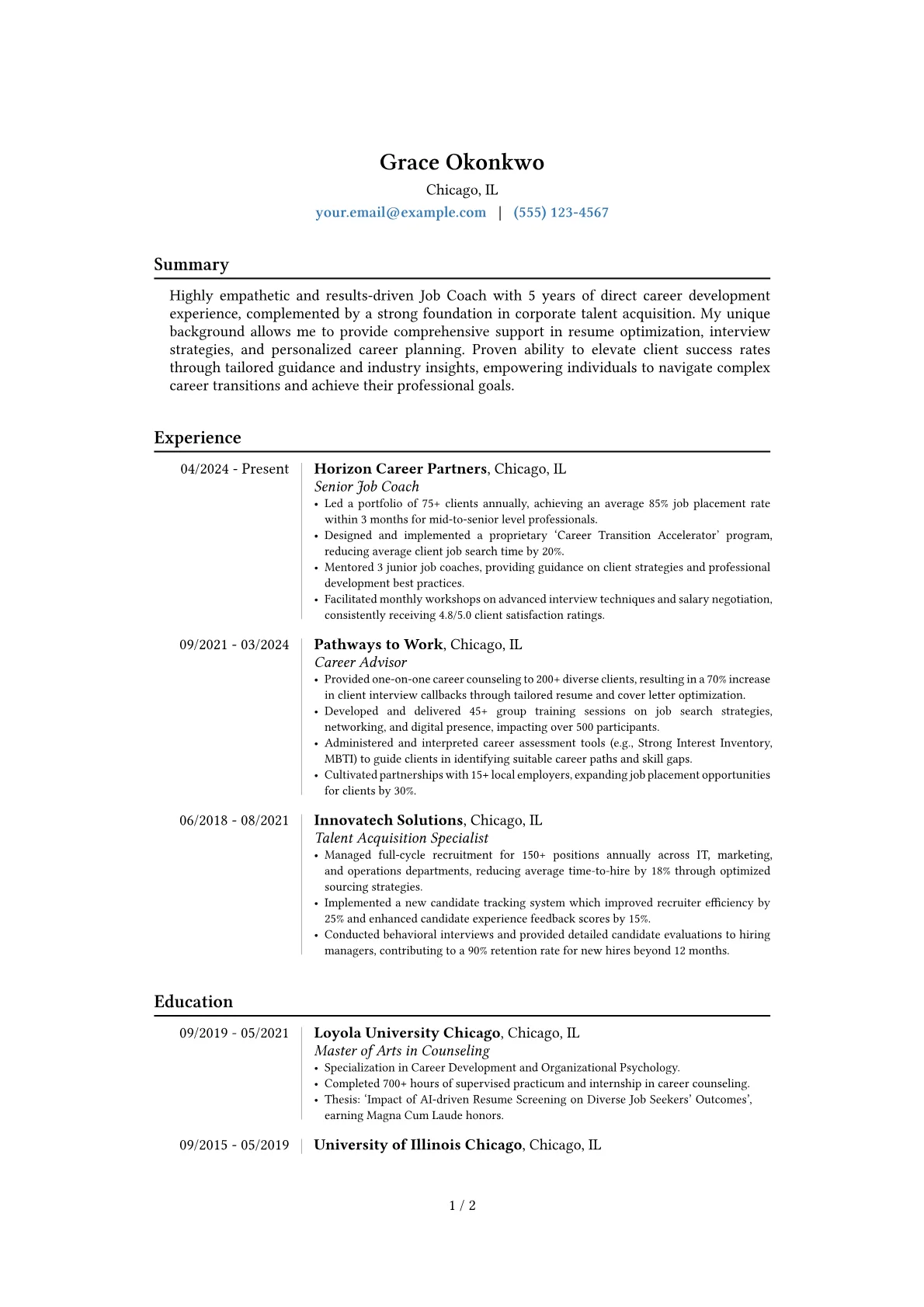 Job Coach resume example, Career changer, page 1
