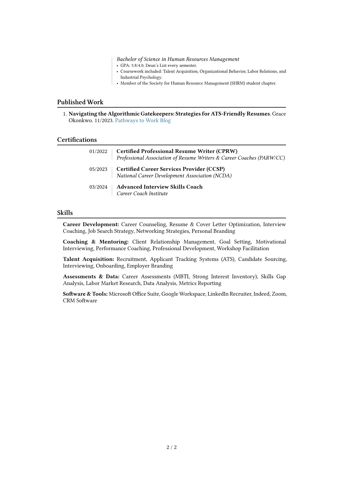 Job Coach resume example, Career changer, page 2