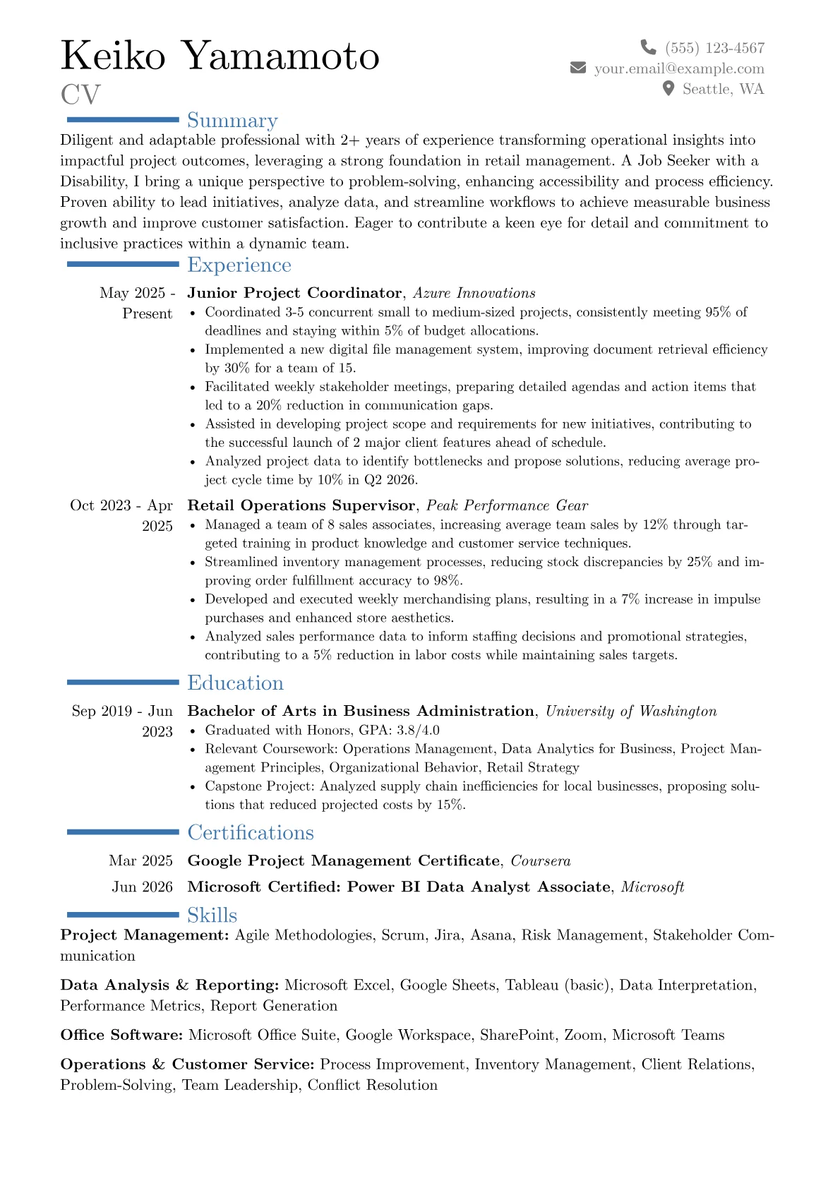 Job Seeker with Disability resume example, Career changer, page 1