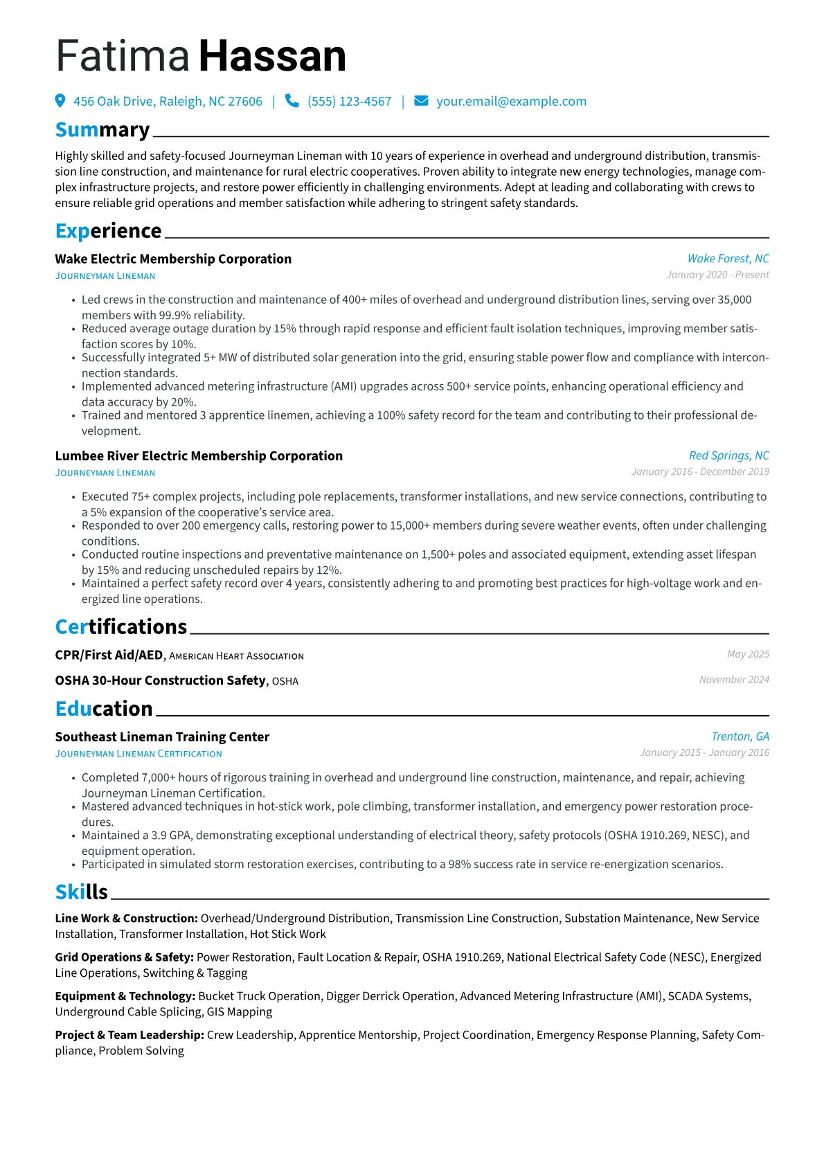 Journeyman Lineman resume example, Journeyman Lineman - Rural, page 1