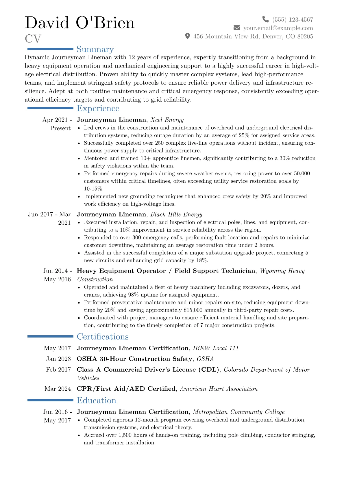 Journeyman Lineman resume example, Career changer, page 1