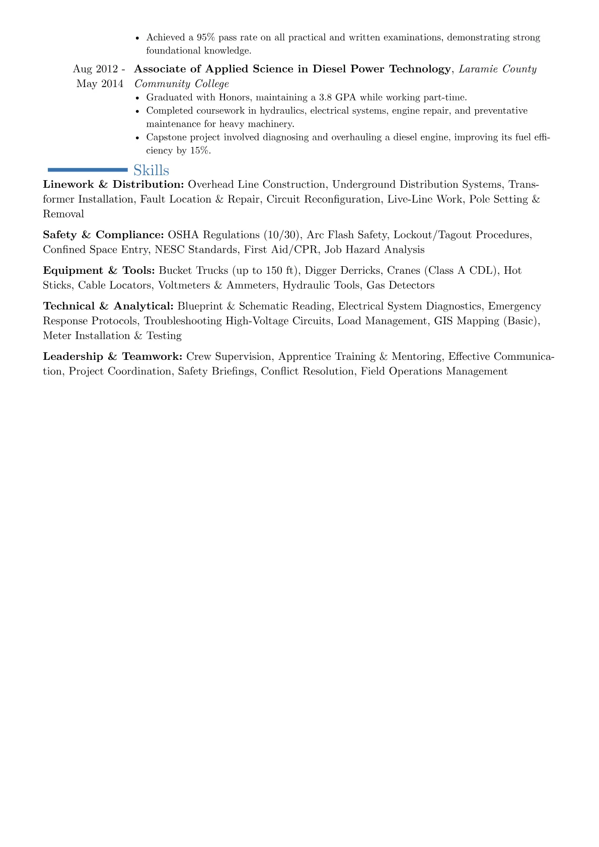 Journeyman Lineman resume example, Career changer, page 2