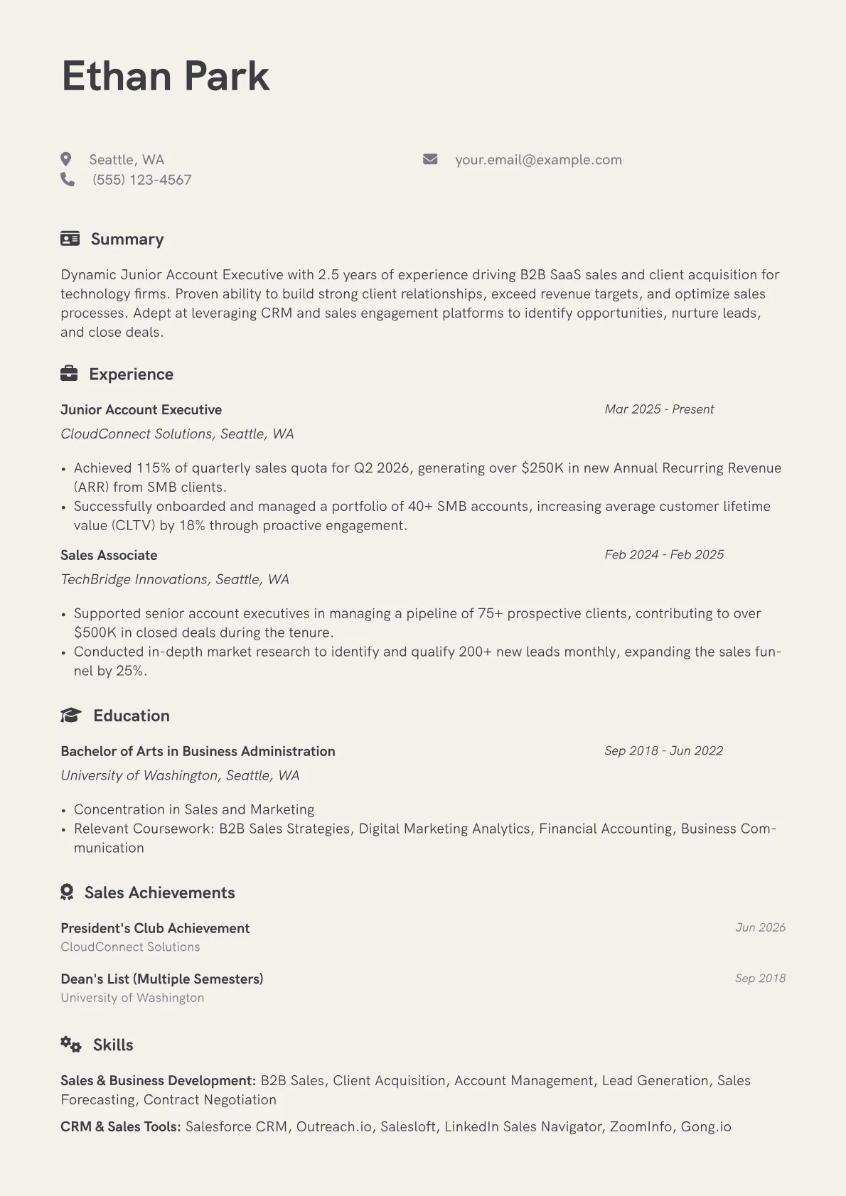 Junior Account Executive resume example, Junior Account Executive, page 1