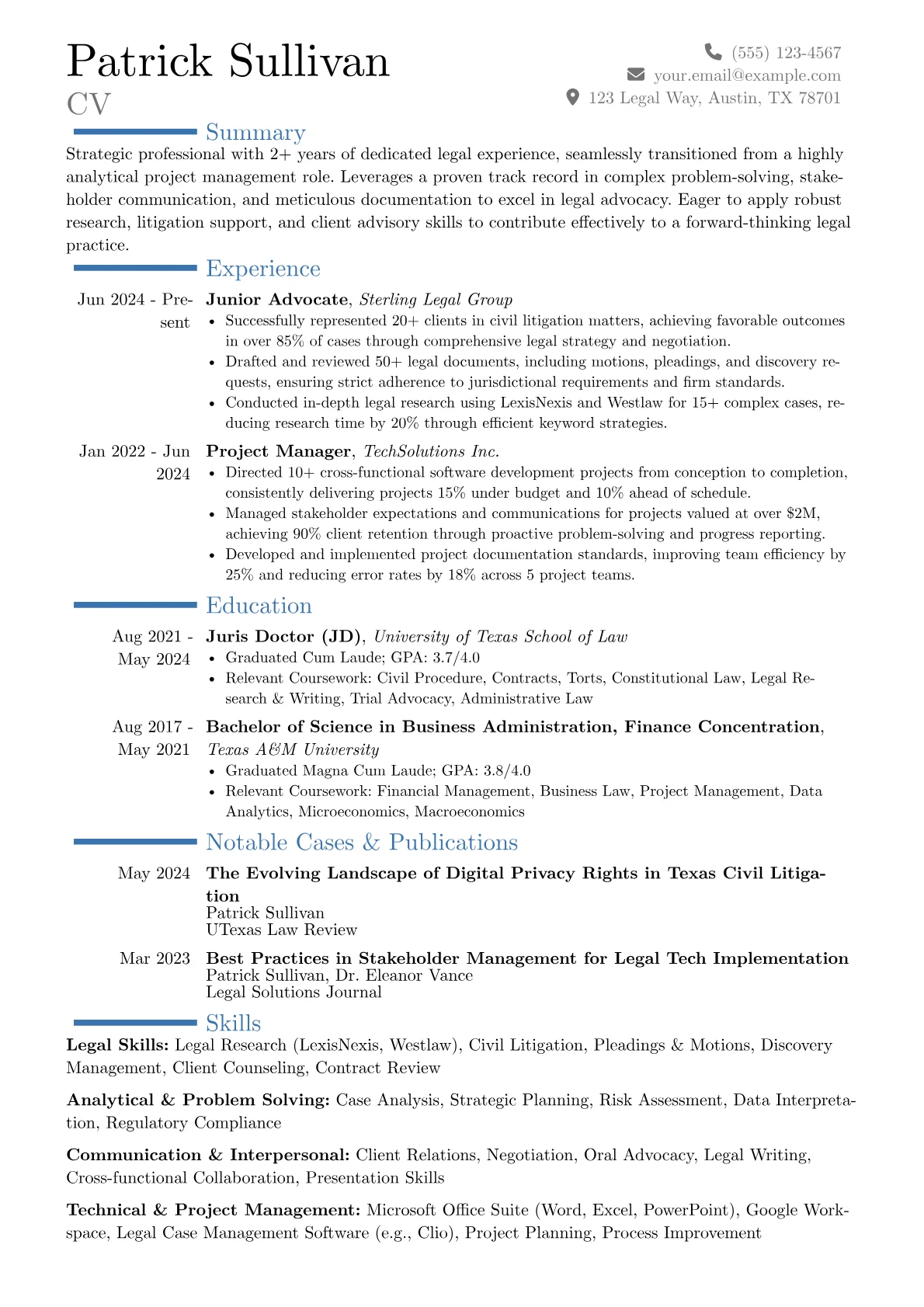 Junior Advocate resume example, Career changer, page 1