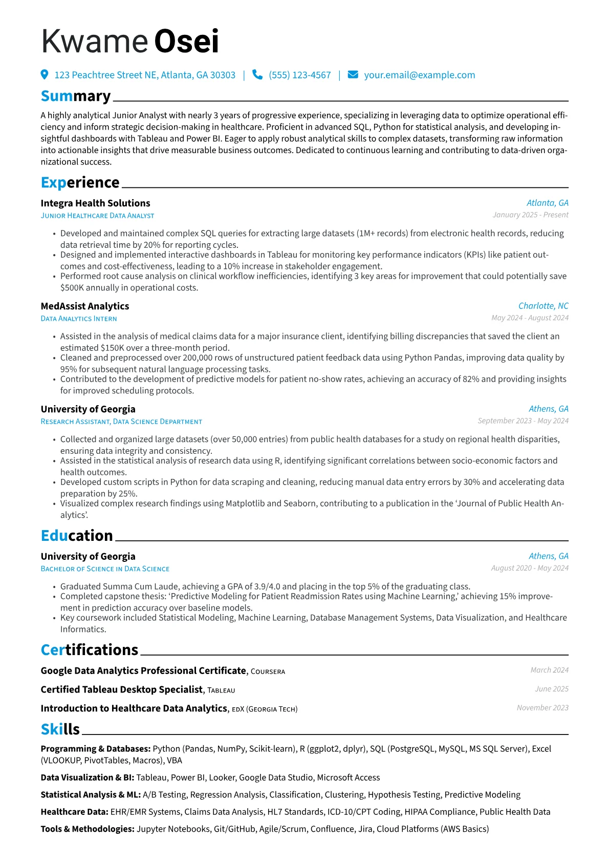 Junior Analyst resume example, Junior Analyst Resume, page 1
