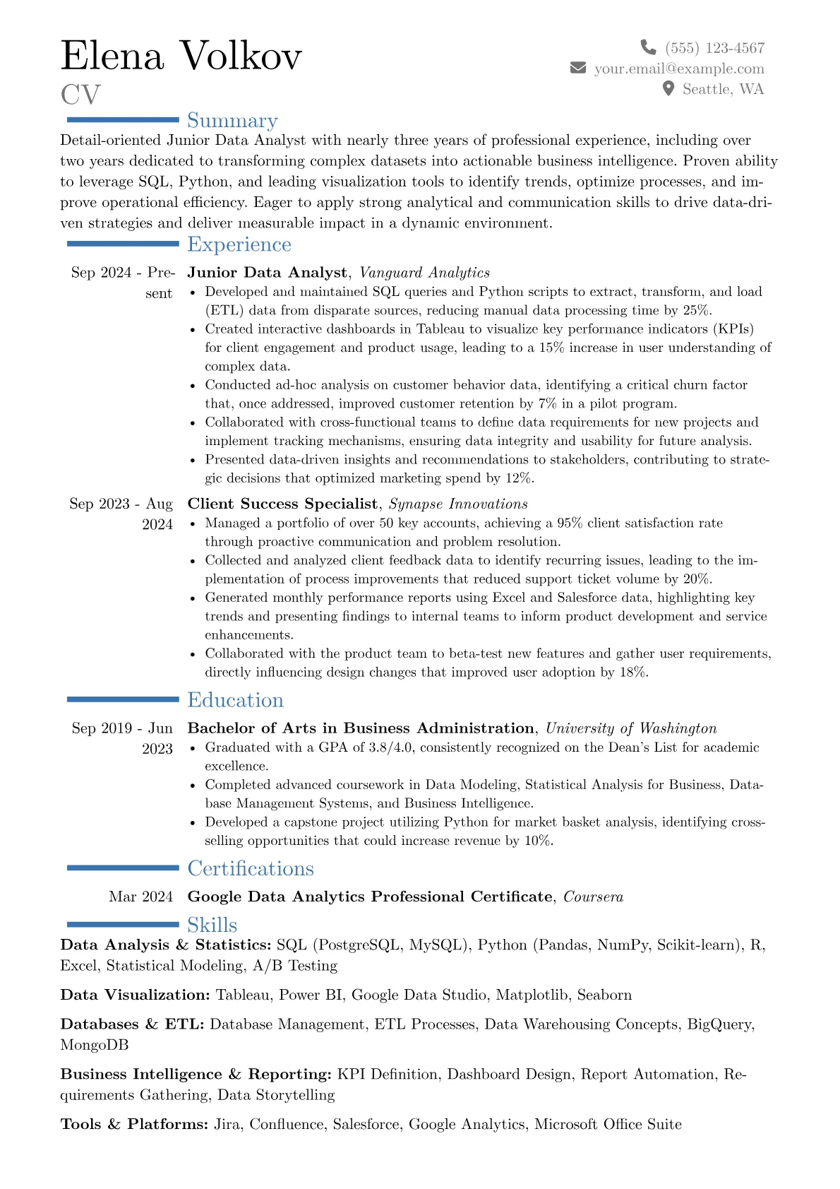 Junior Analyst resume example, Career changer, page 1