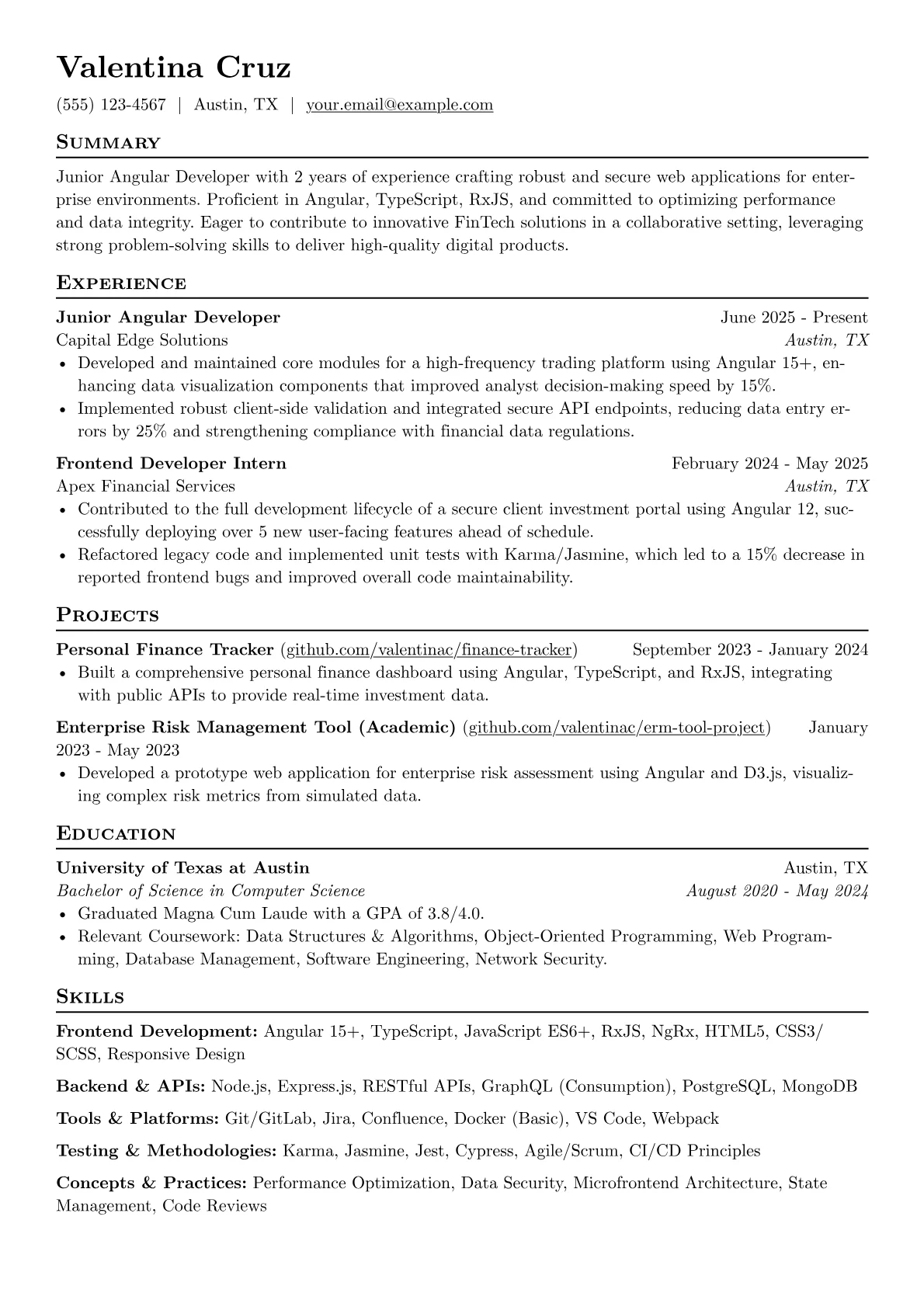 Junior Angular Developer resume example, Junior Angular Developer, page 1