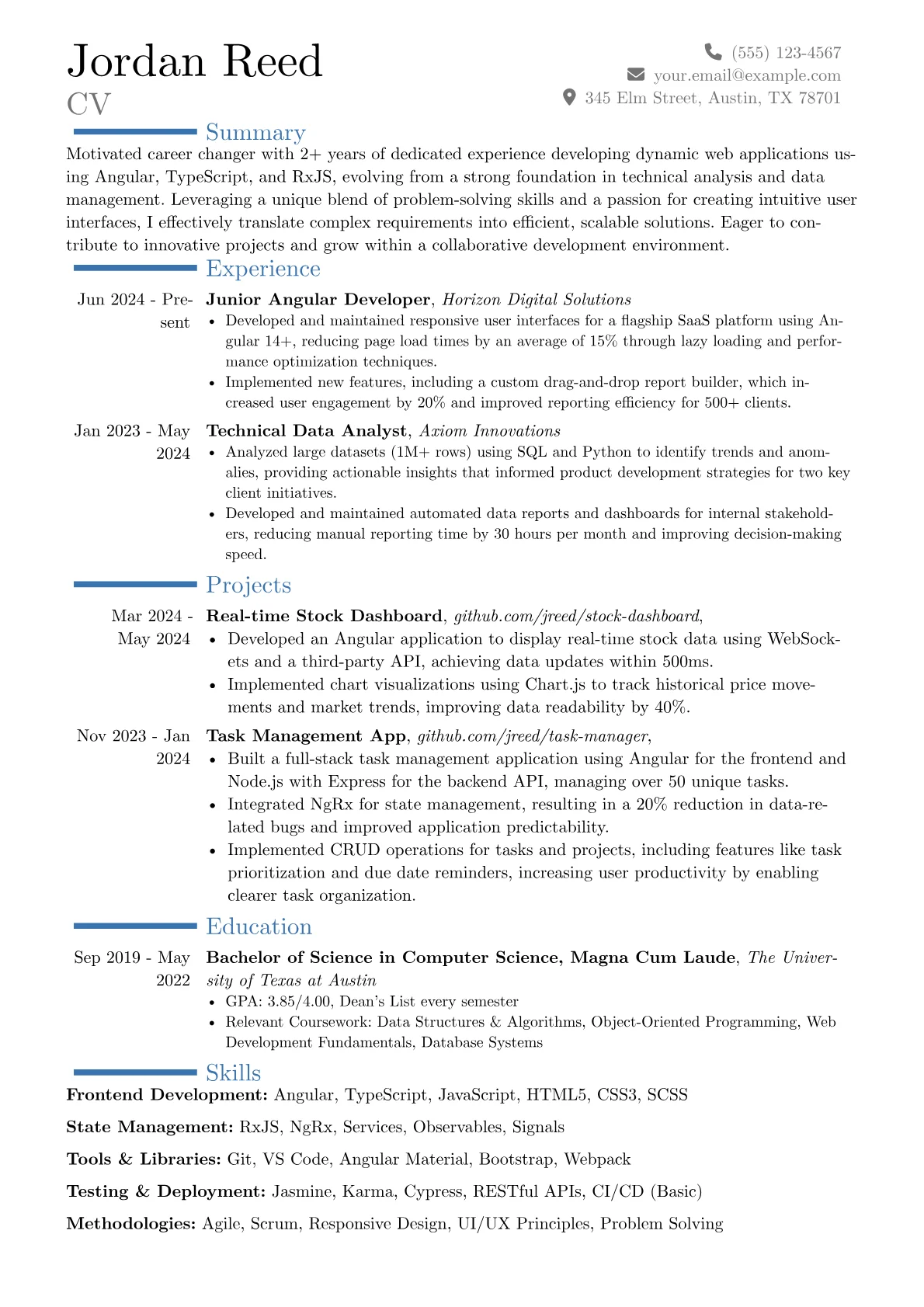 Junior Angular Developer resume example, Career changer, page 1
