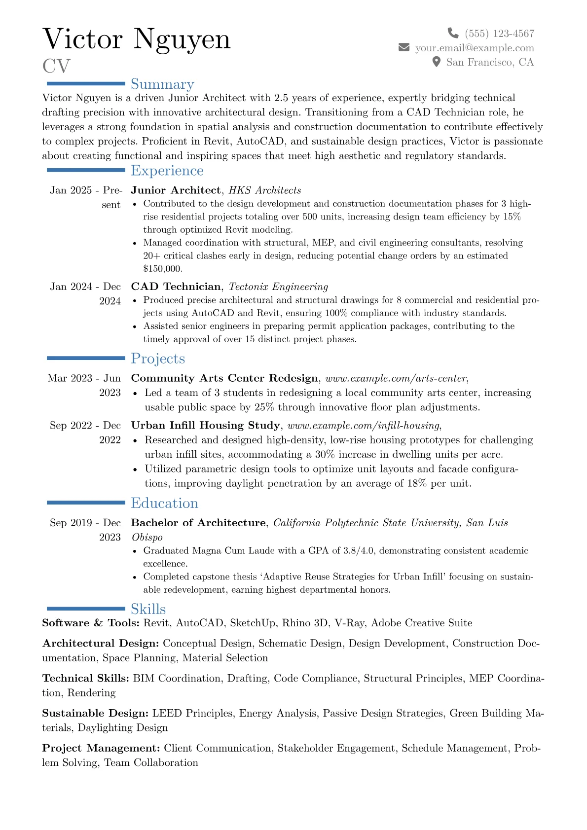 Junior Architect resume example, Career changer, page 1