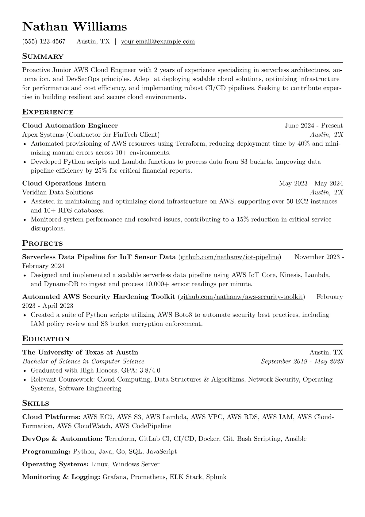 Junior AWS Cloud Engineer resume example, Junior AWS Cloud Engineer, page 1