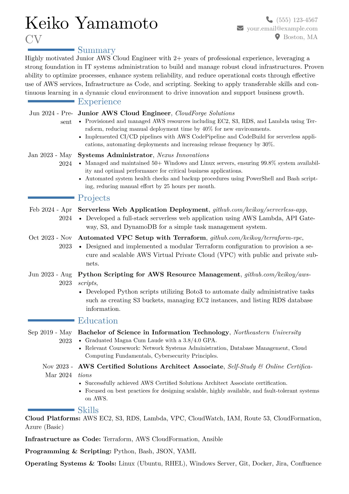 Junior AWS Cloud Engineer resume example, Career changer, page 1