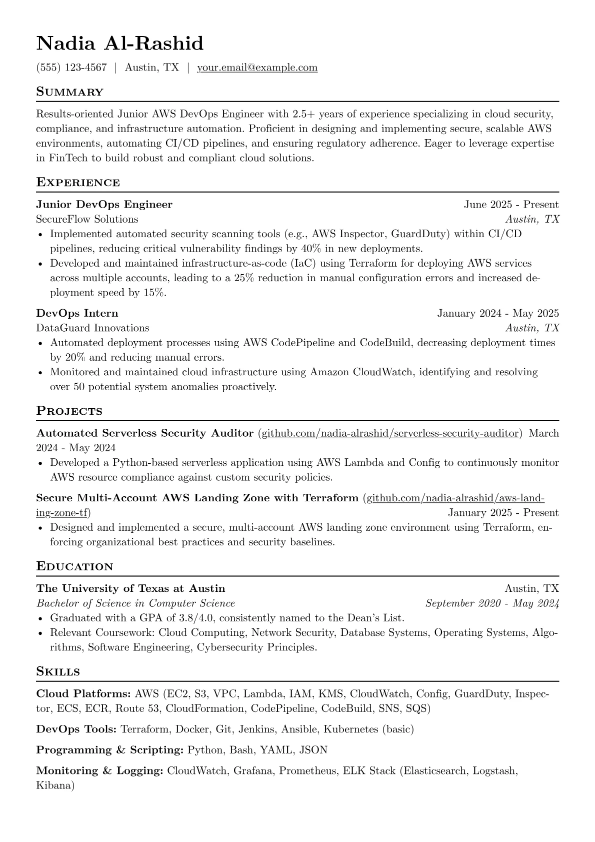 Junior AWS DevOps Engineer resume example, Junior AWS DevOps Engineer, page 1