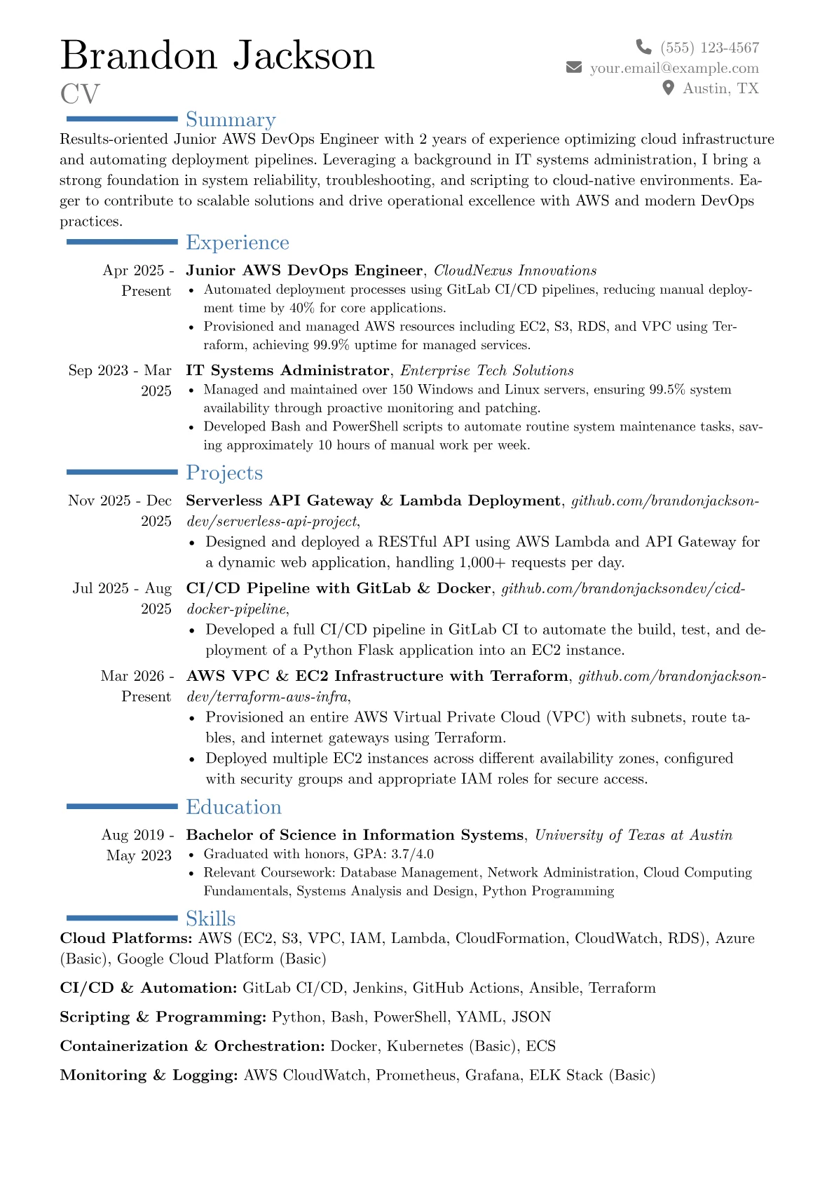 Junior AWS DevOps Engineer resume example, Career changer, page 1