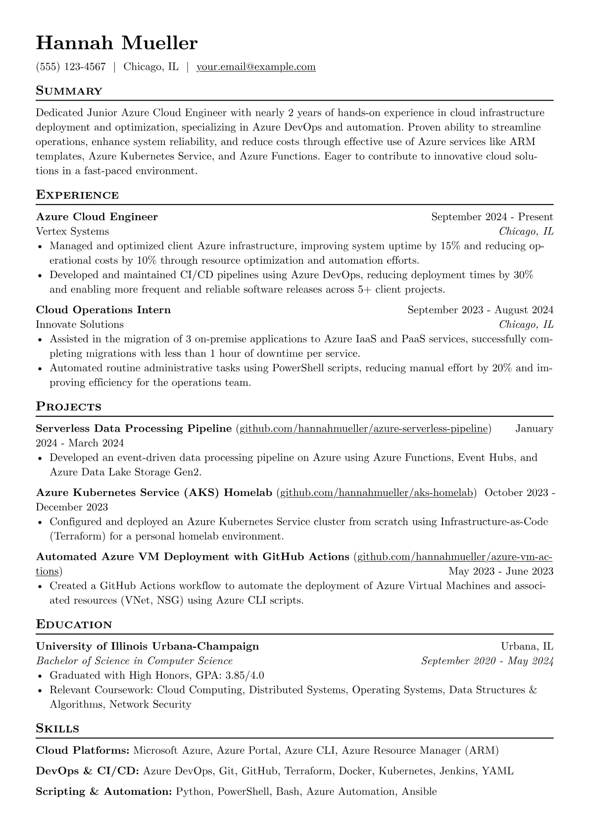 Junior Azure Cloud Engineer resume example, Junior Azure Cloud, page 1