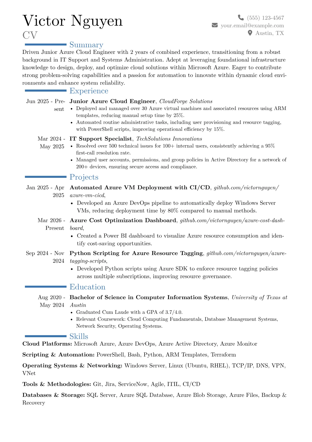 Junior Azure Cloud Engineer resume example, Career changer, page 1