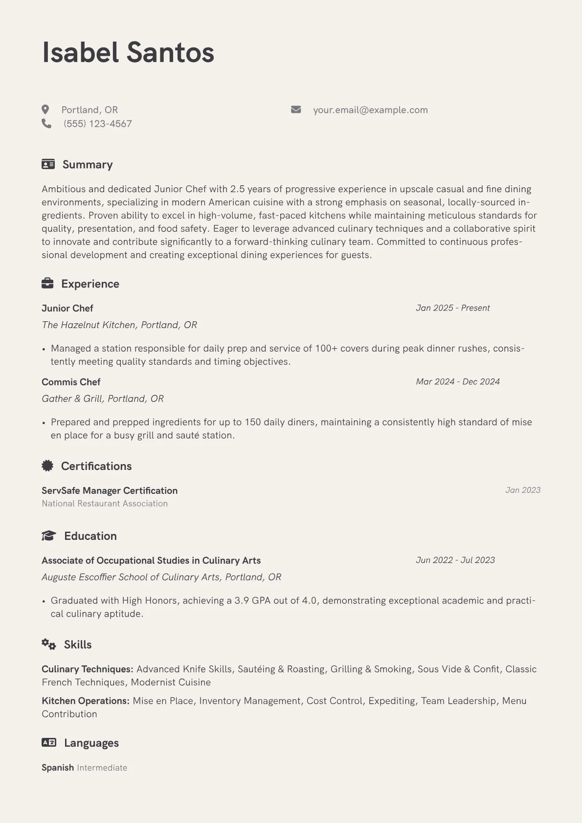 Junior Chef resume example, Entry, page 1