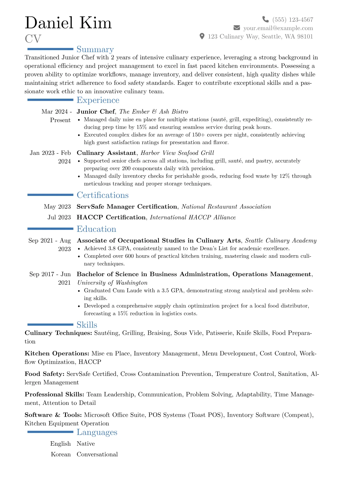 Junior Chef resume example, Career changer, page 1