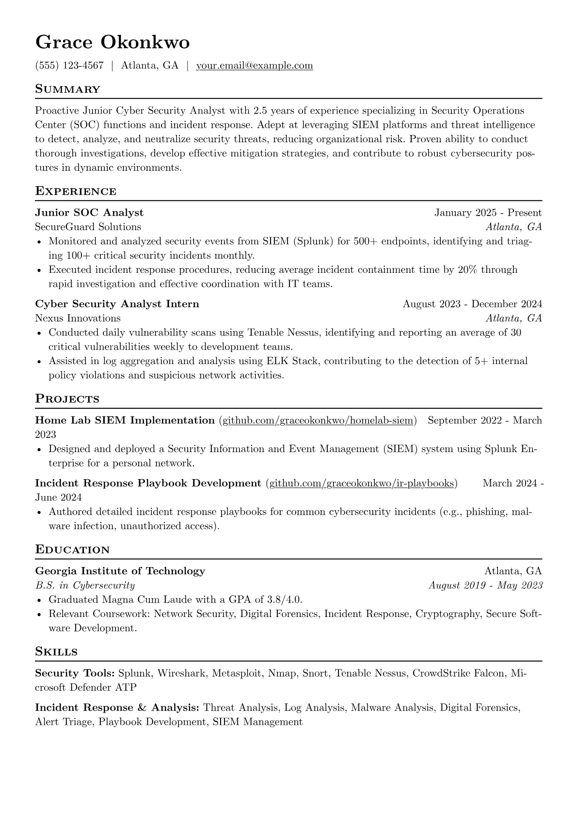 Junior Cyber Security Analyst resume example, Entry Level, page 1