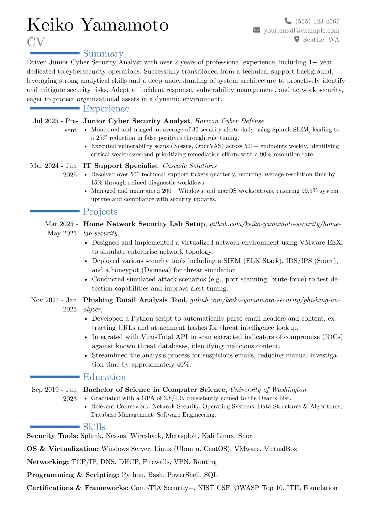 Junior Cyber Security Analyst resume example, Career changer, page 1