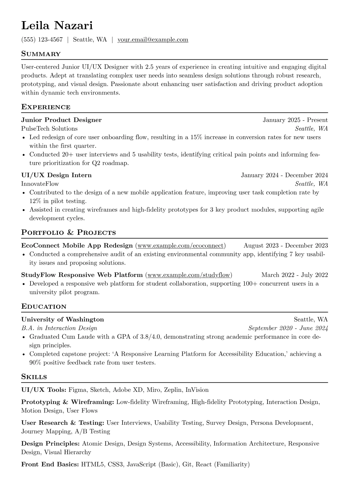 Junior Designer resume example, Junior UI/UX Designer, page 1