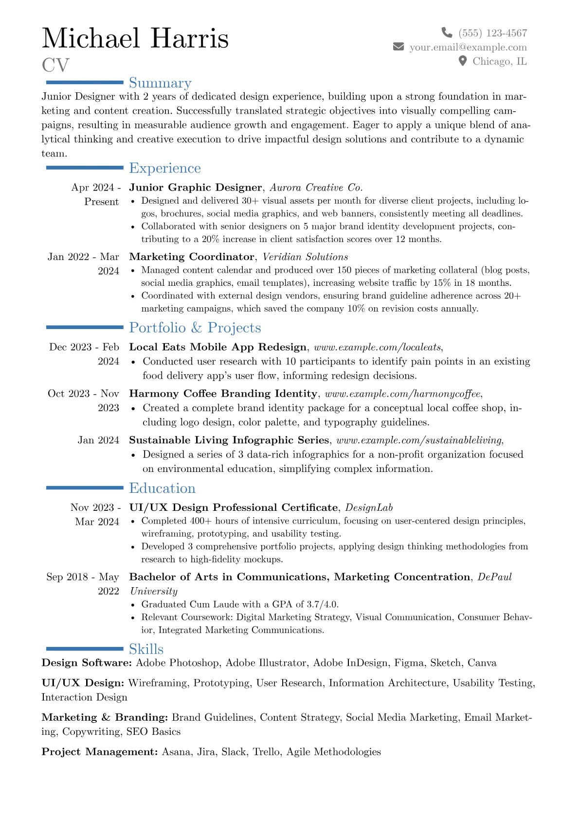 Junior Designer resume example, Career changer, page 1