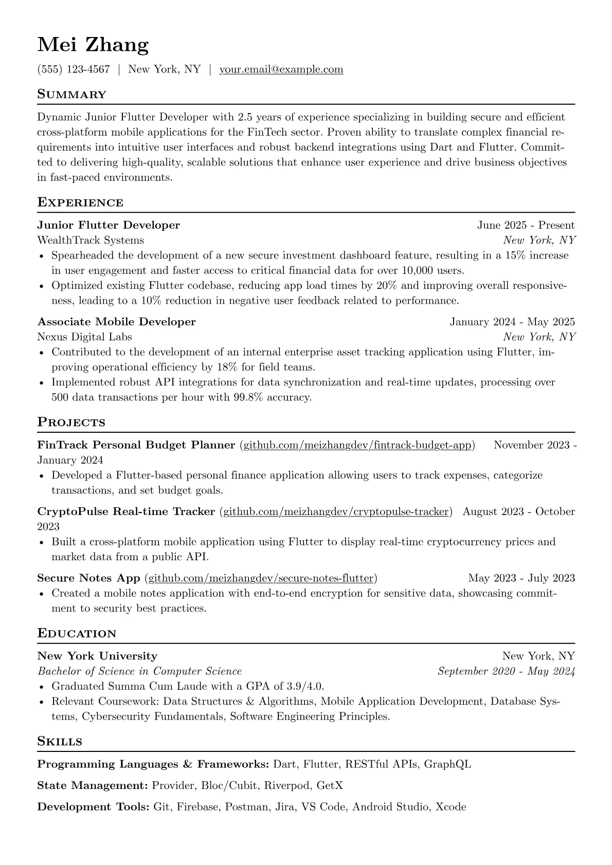 Junior Flutter Developer resume example, FinTech Focus, page 1