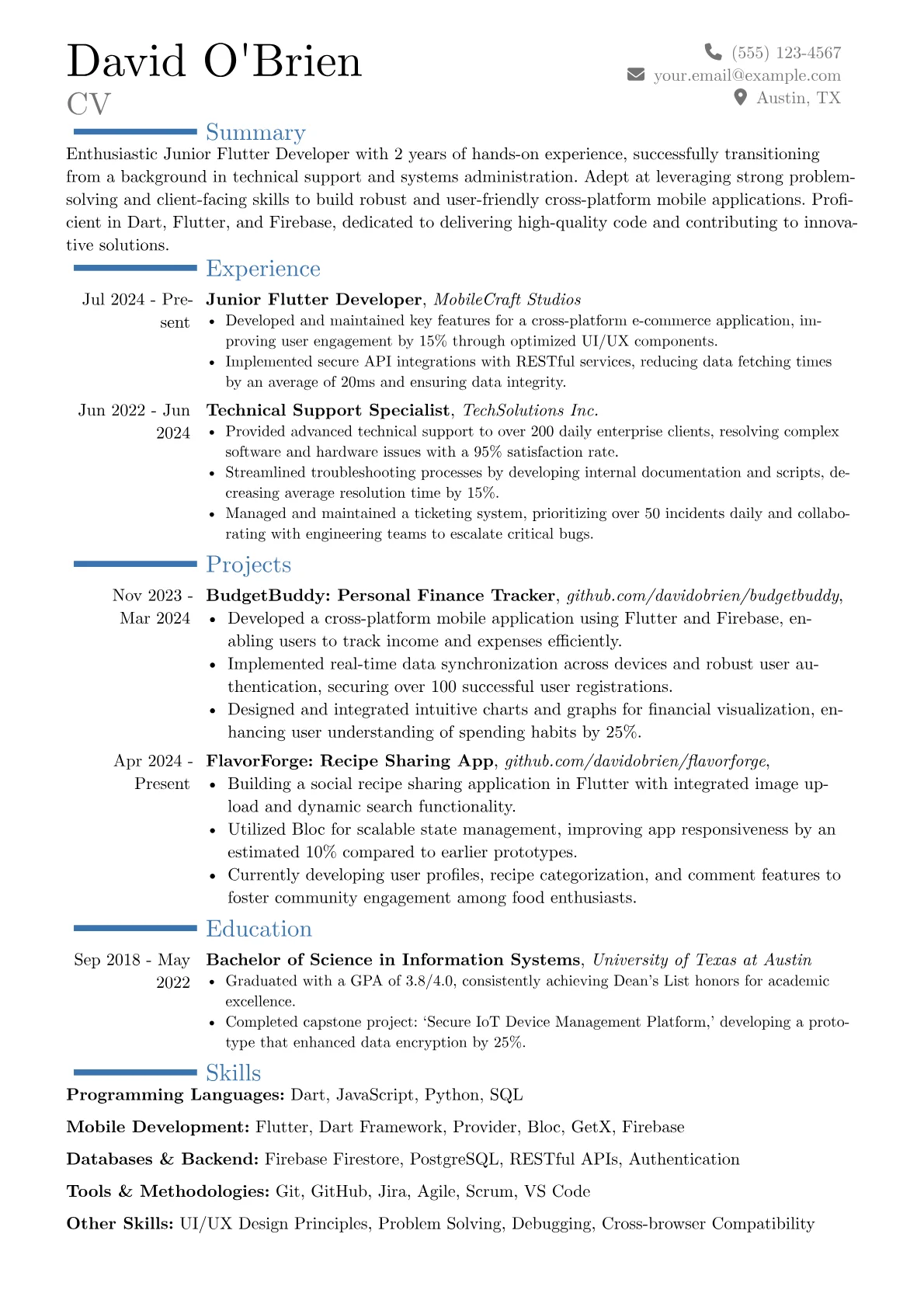 Junior Flutter Developer resume example, Career changer, page 1