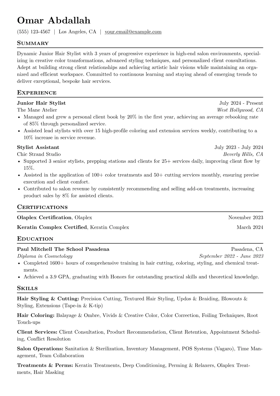 Junior Hair Stylist resume example, Junior Hair Stylist, page 1