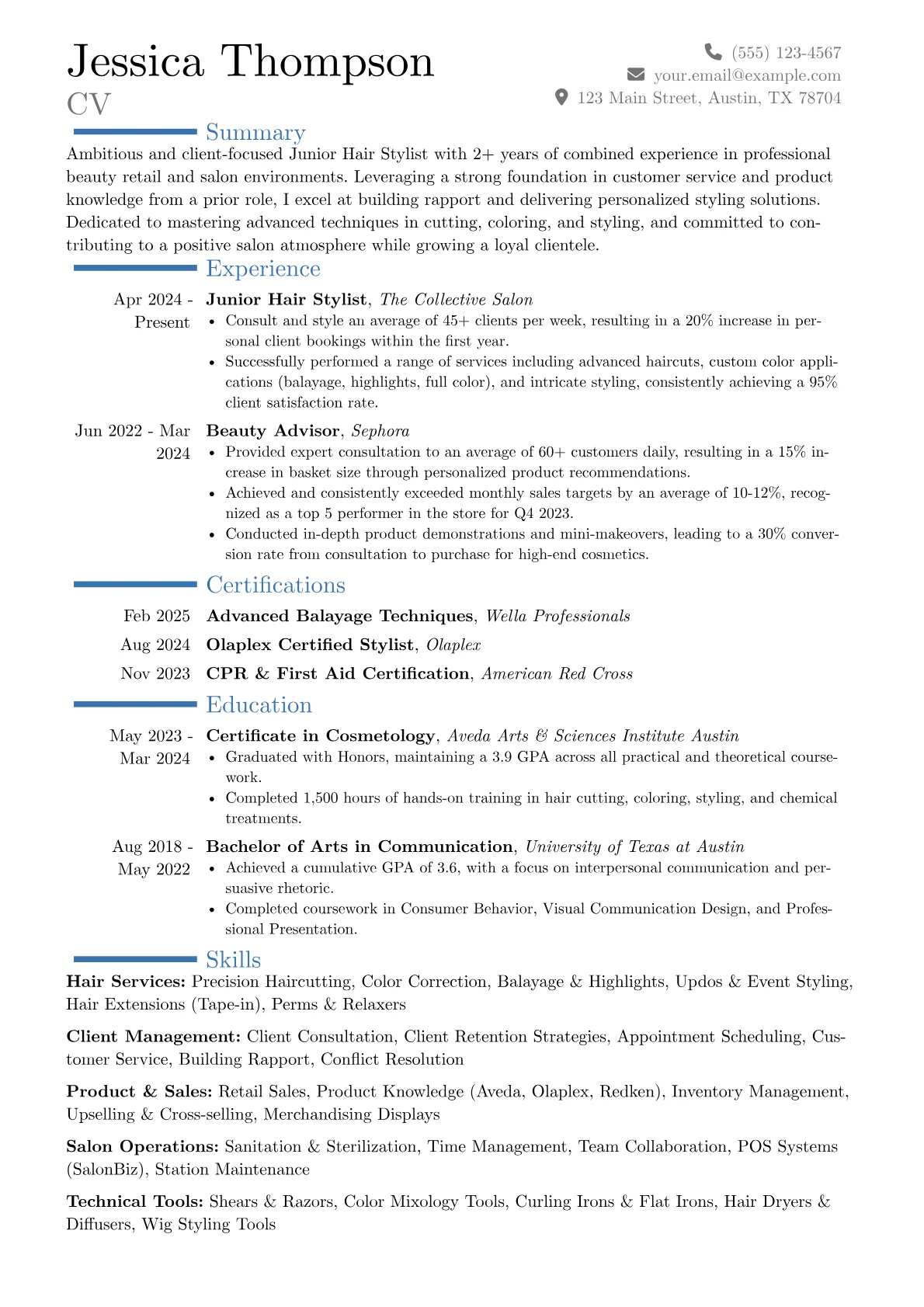 Junior Hair Stylist resume example, Career changer, page 1