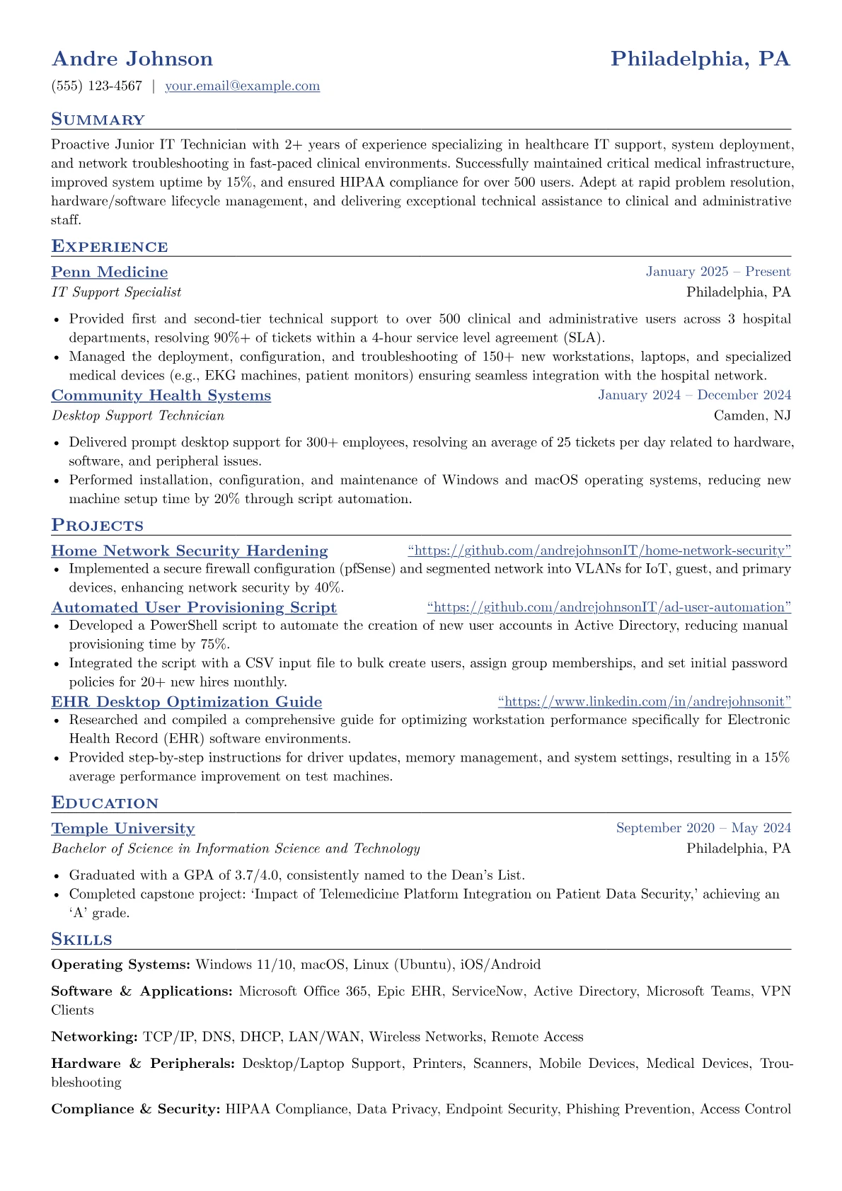 Junior IT Technician resume example, Healthcare IT Support, page 1