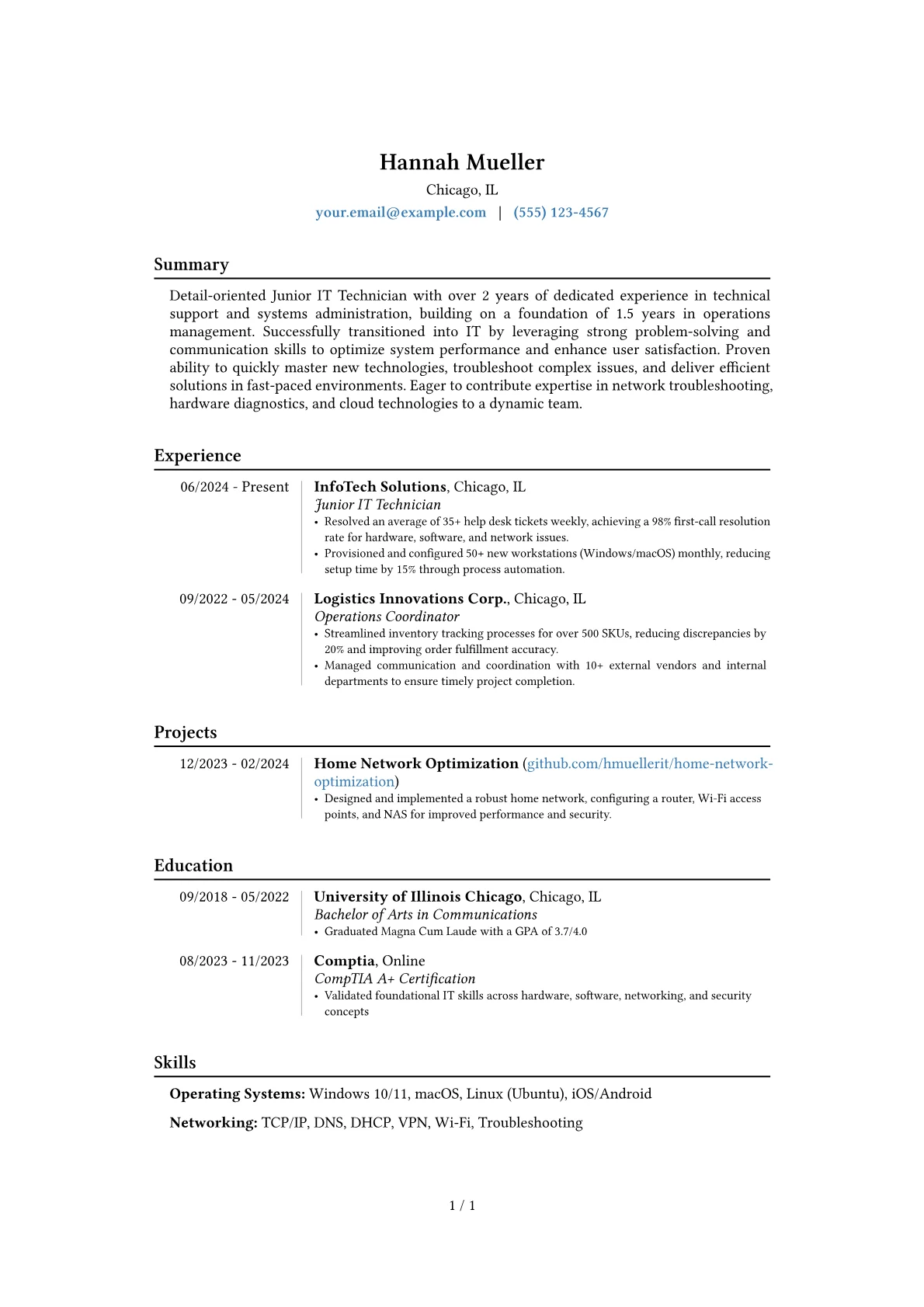 Junior IT Technician resume example, Career changer, page 1