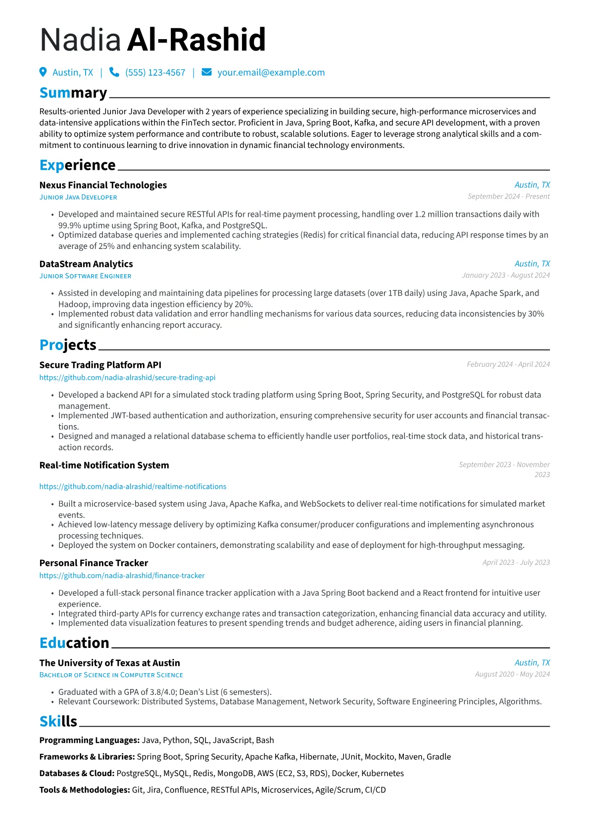 Junior Java Developer resume example, Entry-Level FinTech, page 1