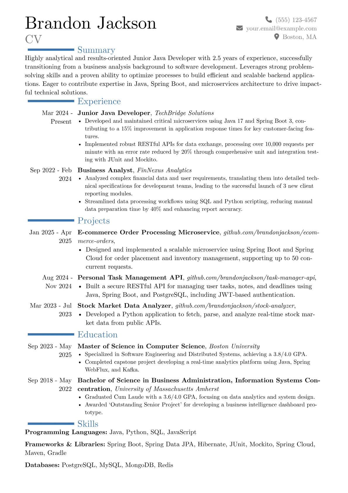 Junior Java Developer resume example, Career changer, page 1