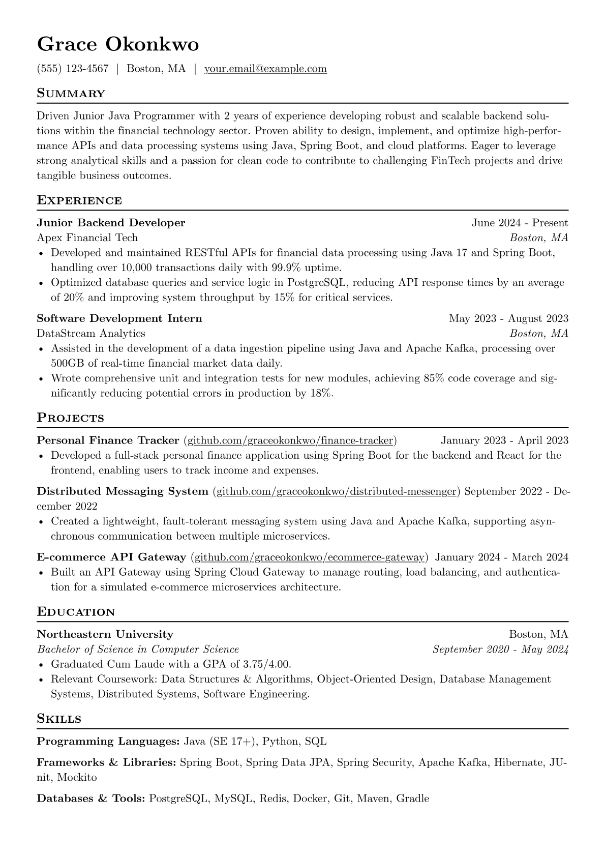 Junior Java Programmer resume example, Junior Java Programmer, page 1