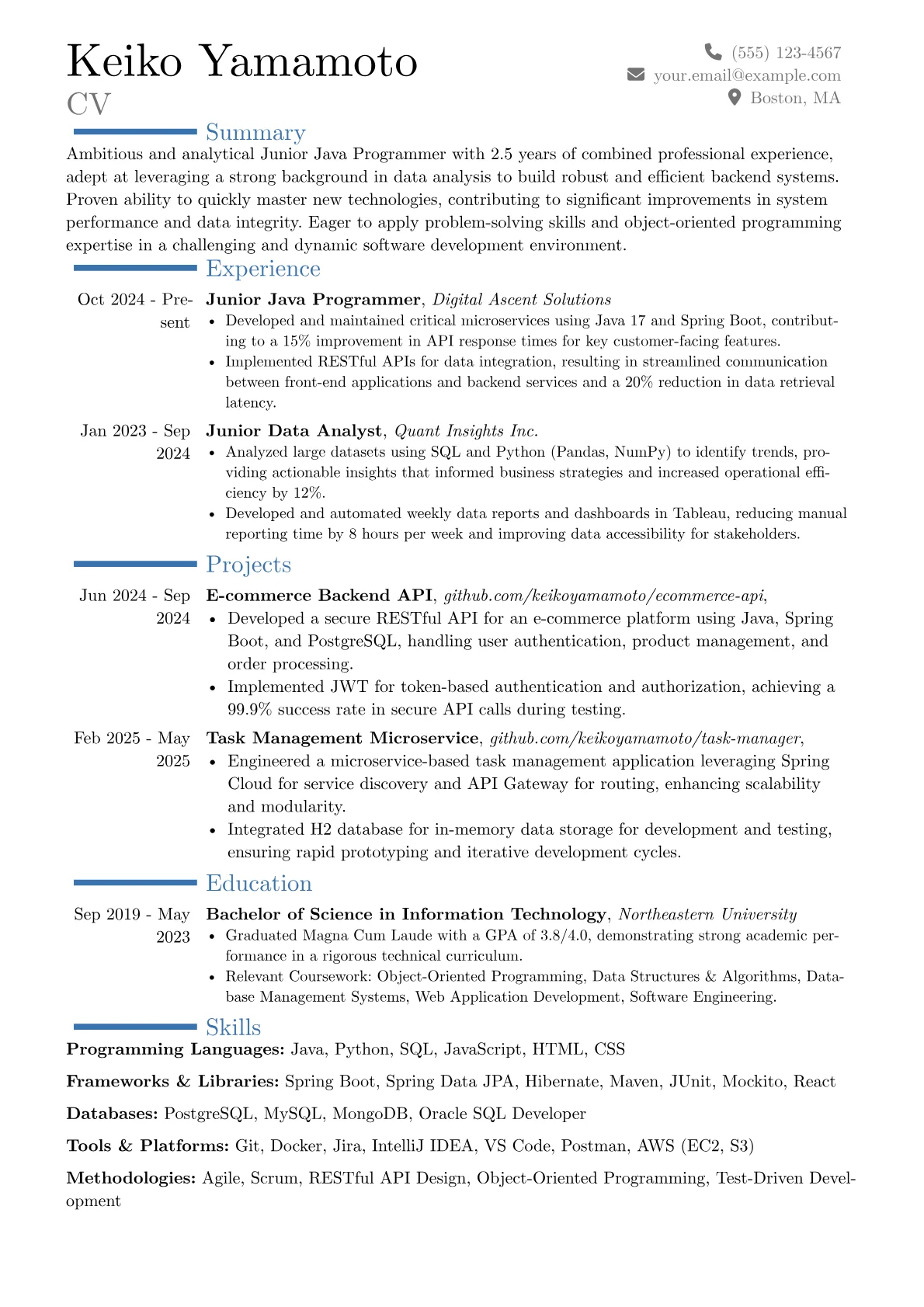 Junior Java Programmer resume example, Career changer, page 1