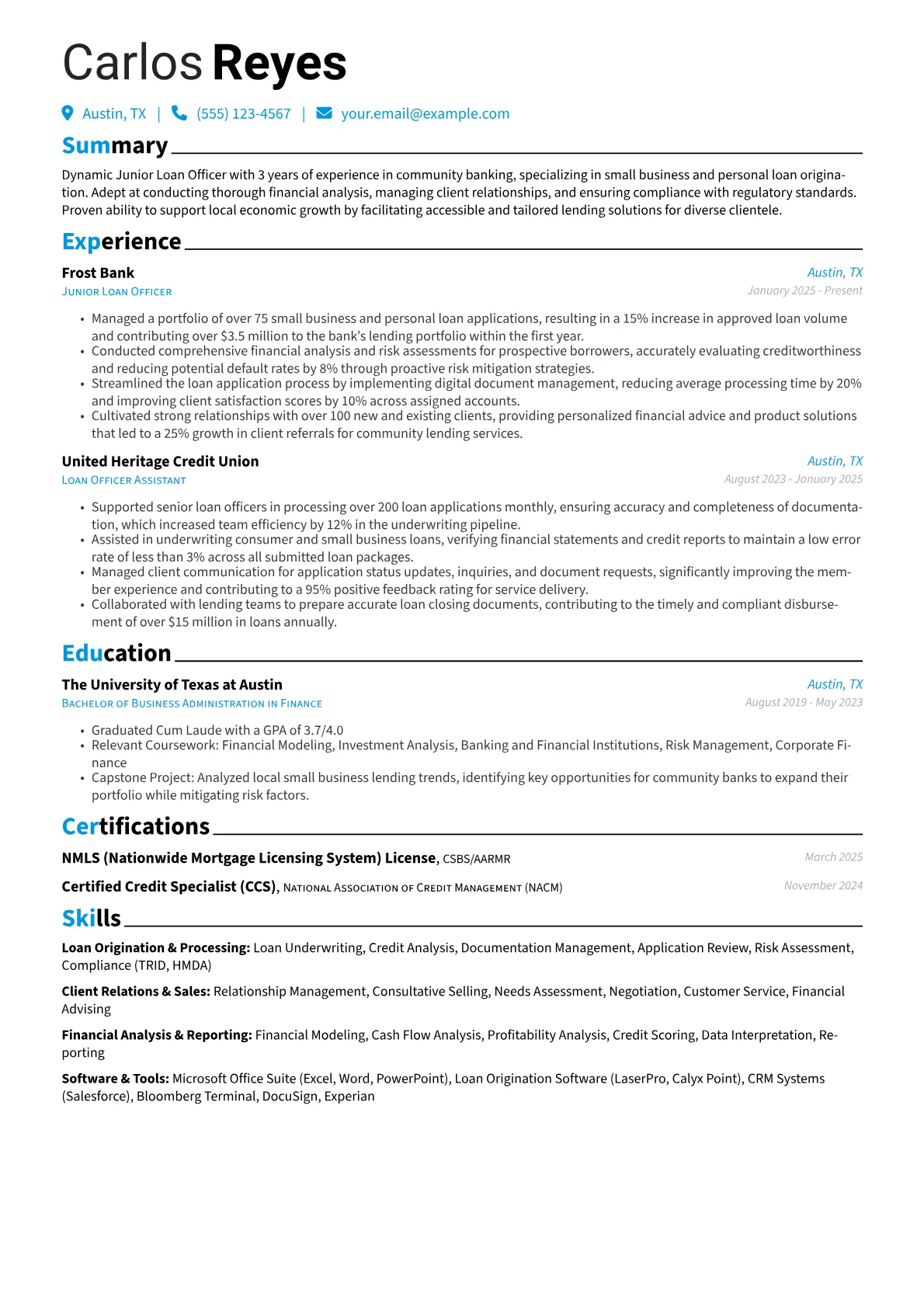 Junior Loan Officer resume example, Junior Loan Officer, page 1