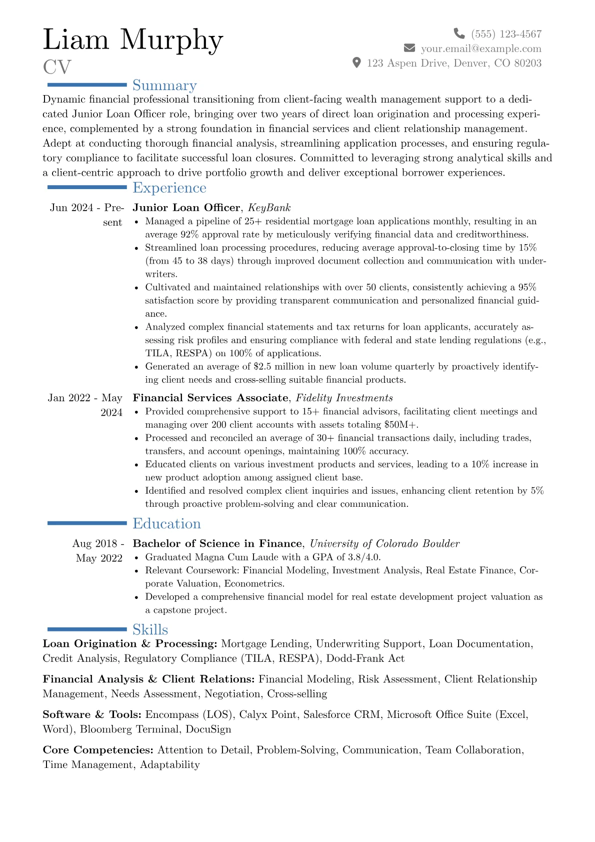 Junior Loan Officer resume example, Career changer, page 1