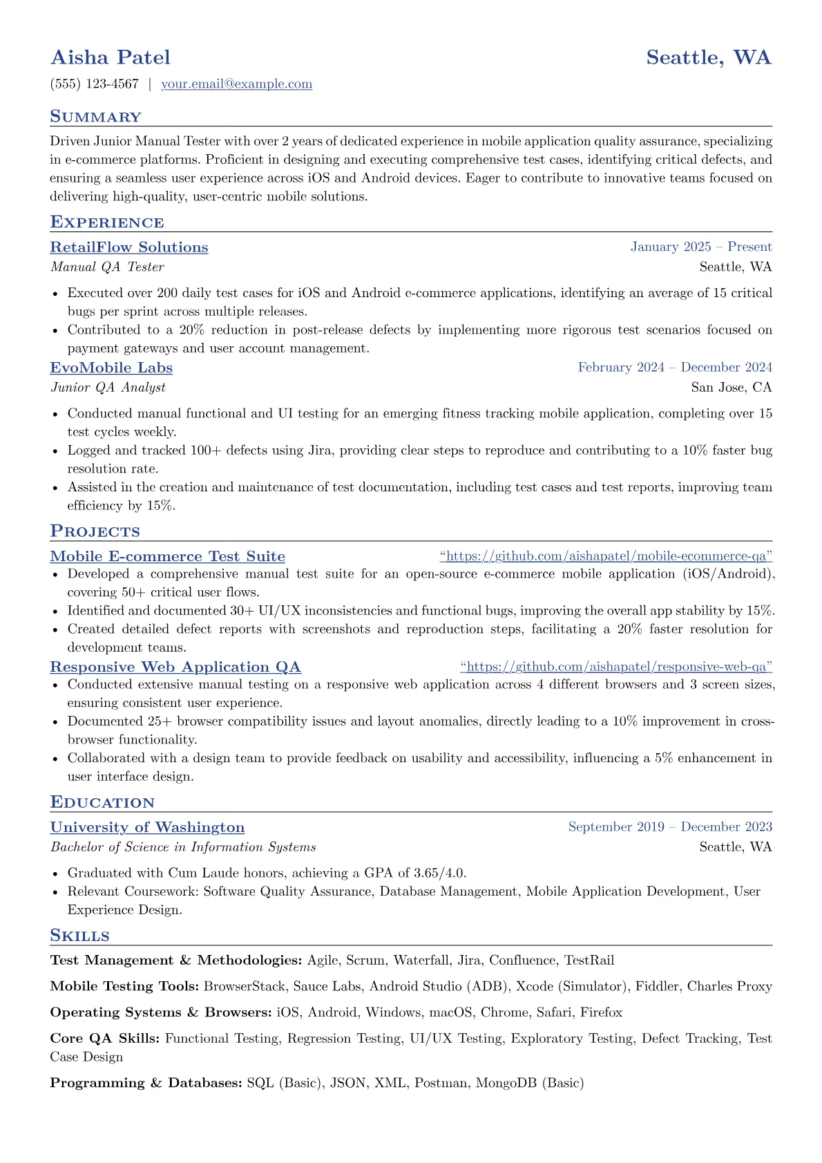 Junior Manual Tester resume example, Mobile-focused Manual QA, page 1