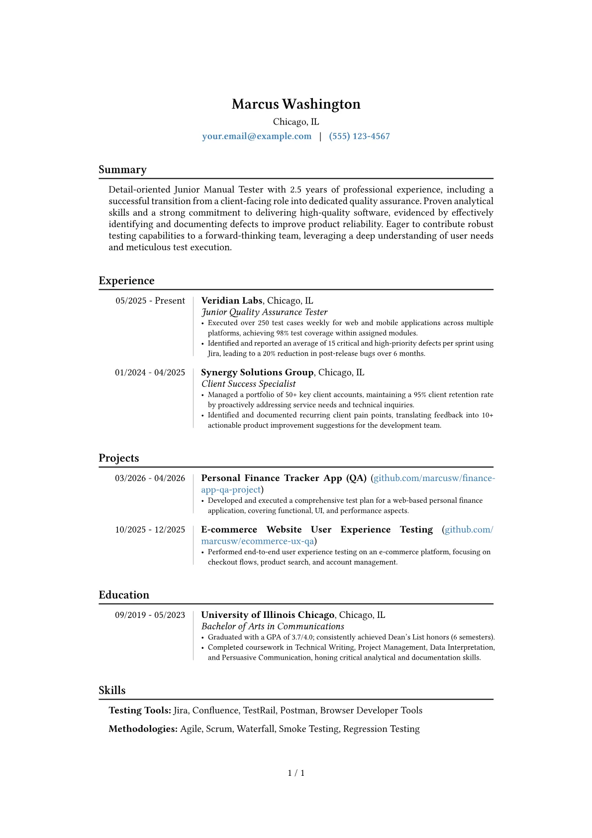 Junior Manual Tester resume example, Career changer, page 1
