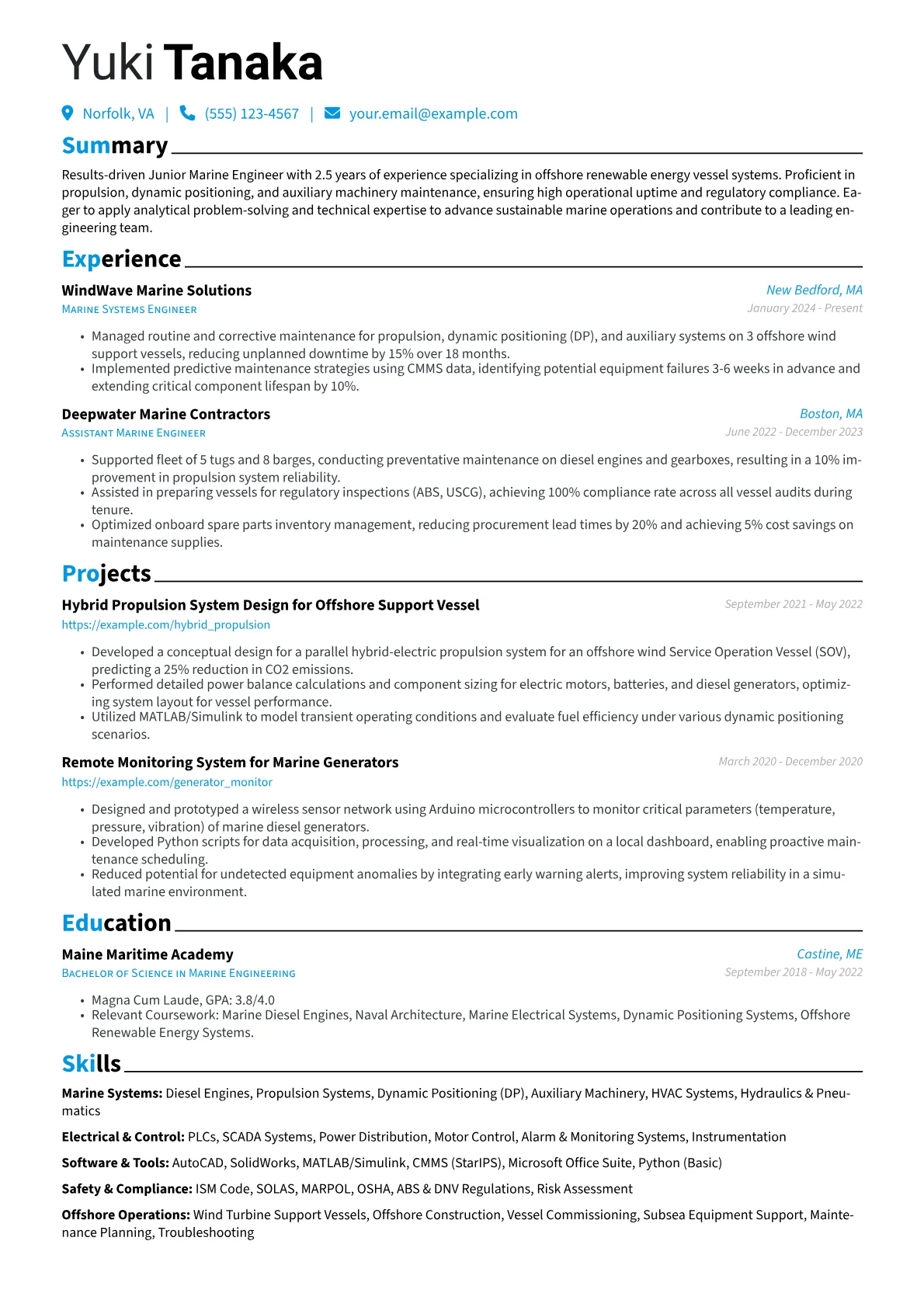 Junior Marine Engineer resume example, Offshore Wind Engineer, page 1